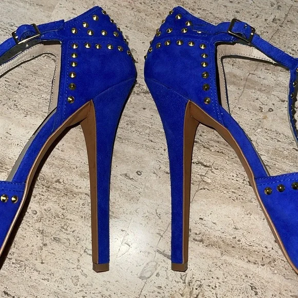 STEVEN Steve Madden ASTRRO Blue Gold Studded Leather Suede Stiletto heel Sz 8.5 - Picture 7 of 17